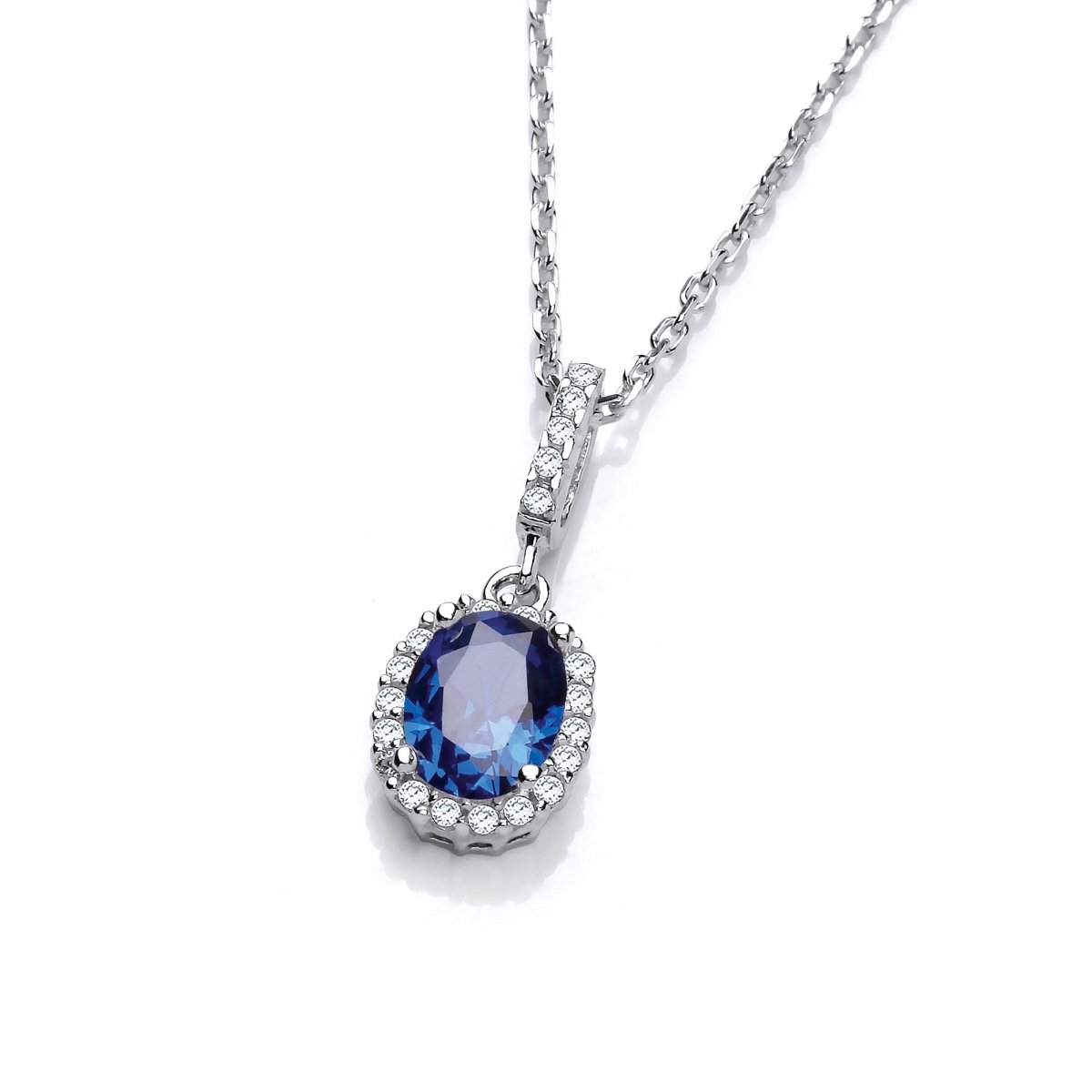 Sterling Silver Oval Halo Blue Sapphire CZ Necklace - Samuel Perry