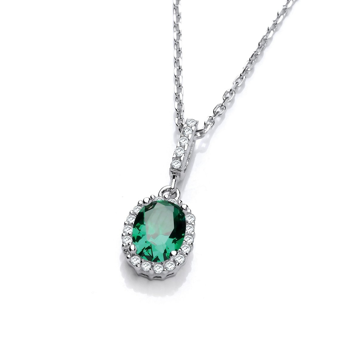 Sterling Silver Oval Halo Green Emerald CZ Necklace - Samuel Perry