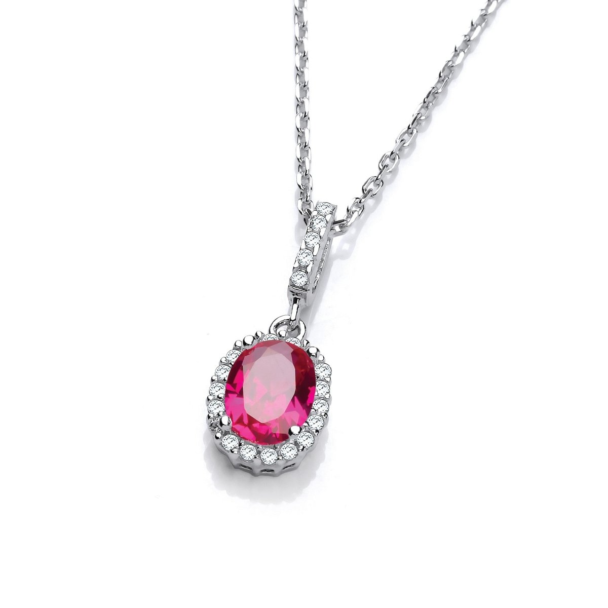 Sterling Silver Oval Halo Ruby CZ Necklace - Samuel Perry