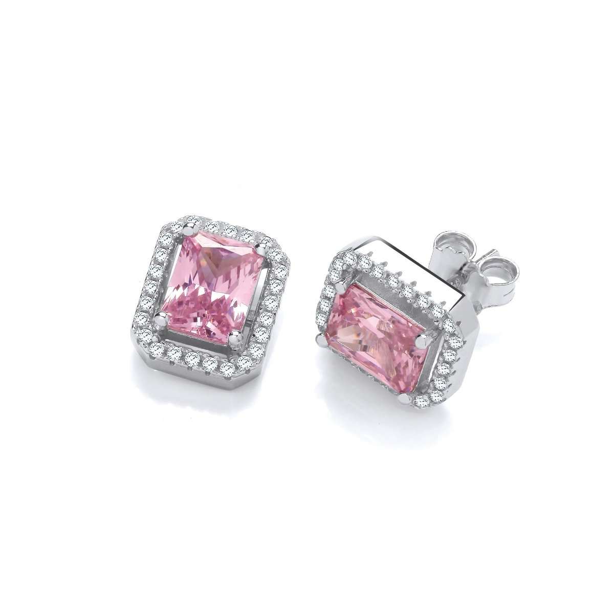 Sterling Silver Pink Baguette Cut Halo CZ Stud Earrings - Samuel Perry
