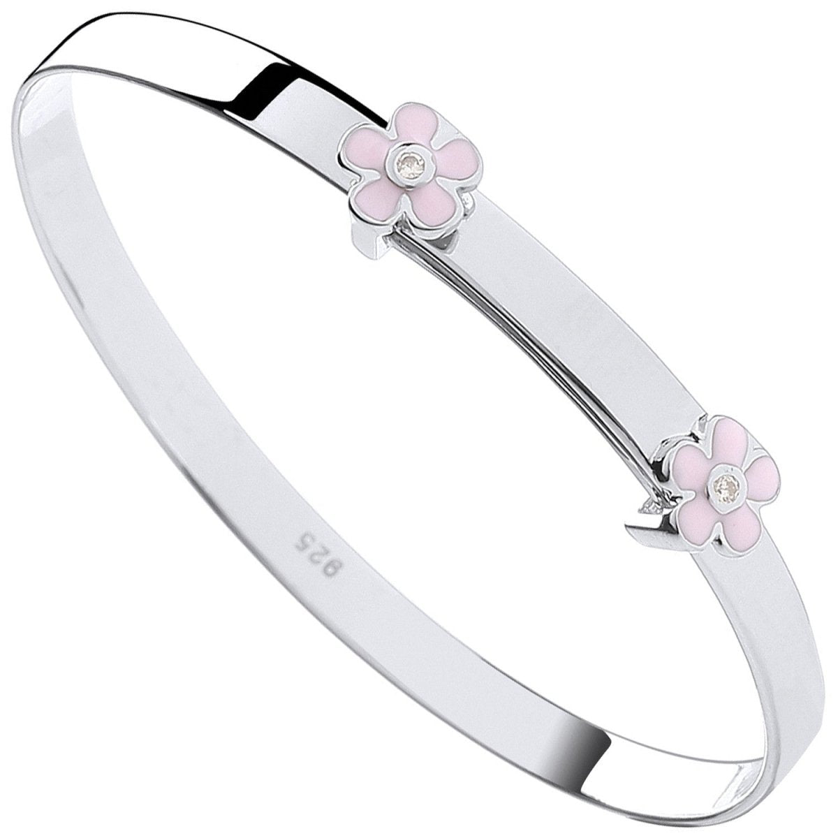 Sterling Silver Pink Enamel and CZ Flowers Expandable Baby Bangle - Samuel Perry