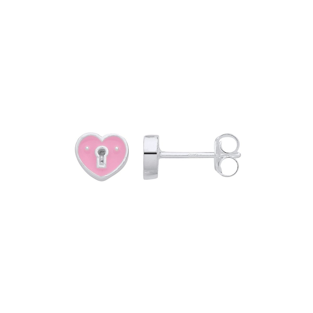 Sterling Silver Pink Enamel Heart Keyhole Stud Earrings - Samuel Perry
