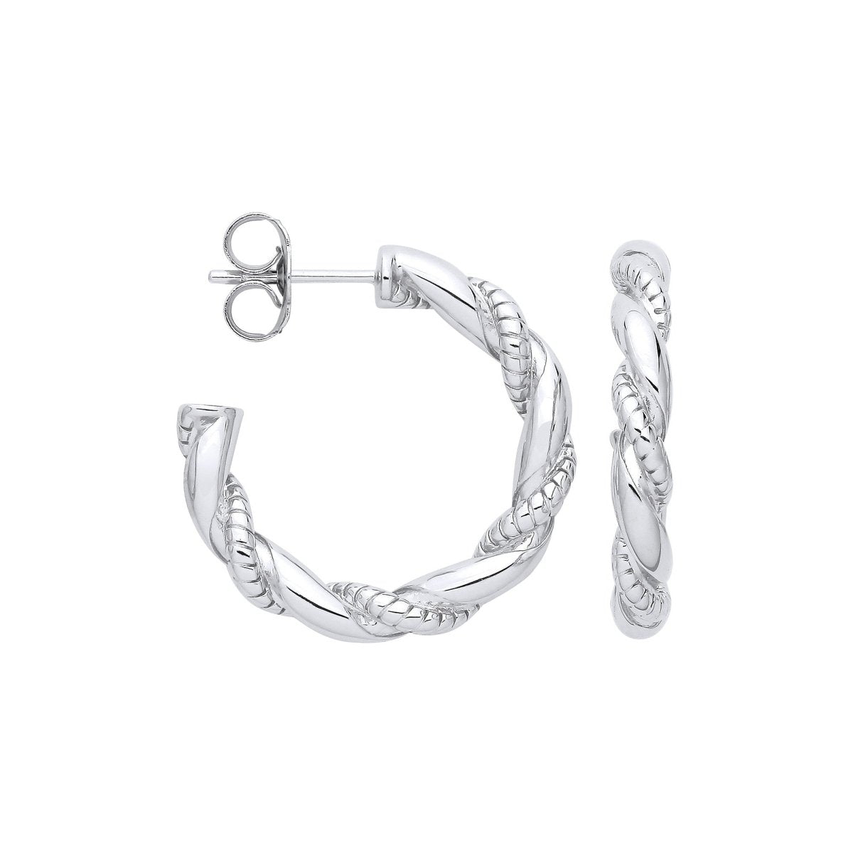 Sterling Silver Plain & Ribbed Twisted Hoop Earrings - Samuel Perry