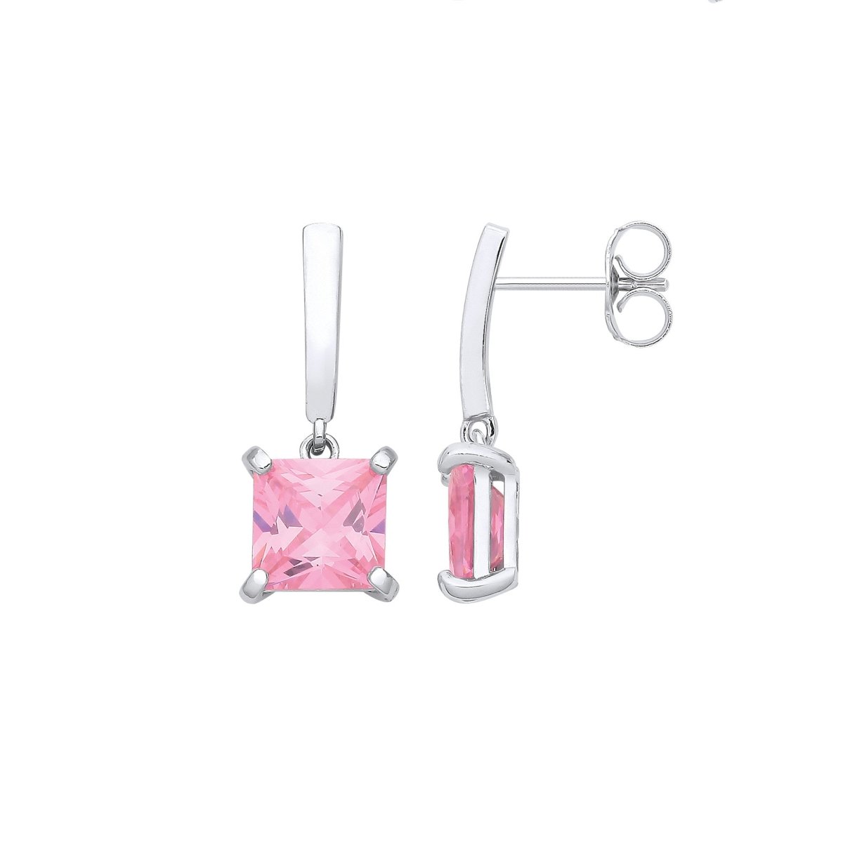 Sterling Silver Princess Cut Pink CZ Drop Earrings - Samuel Perry