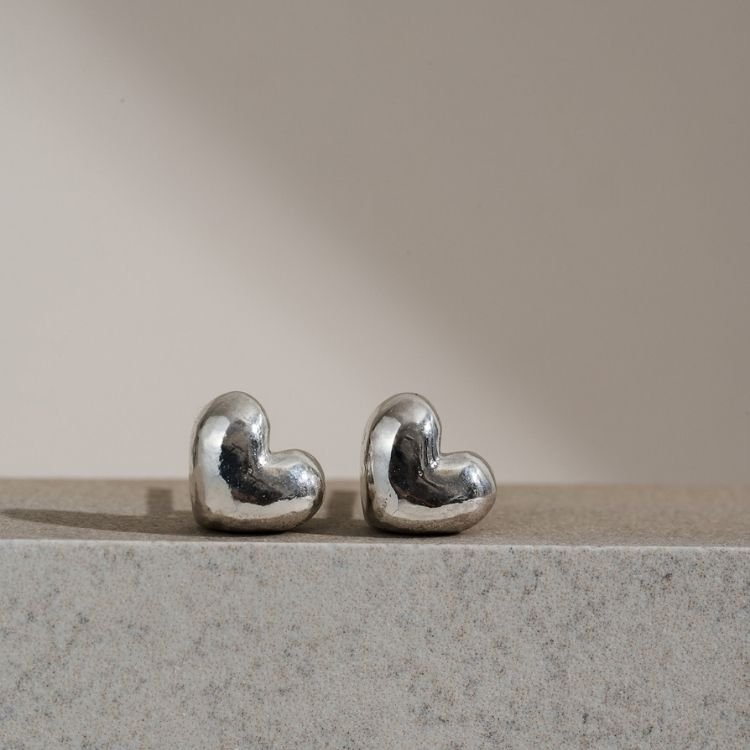 Sterling Silver Puffy Heart Stud Earrings - Chunky - Samuel Perry