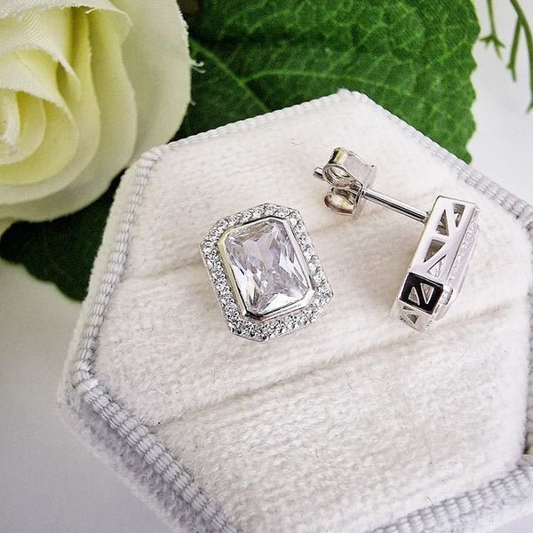 Sterling Silver Rectangular CZ Halo Stud Earrings - Samuel Perry