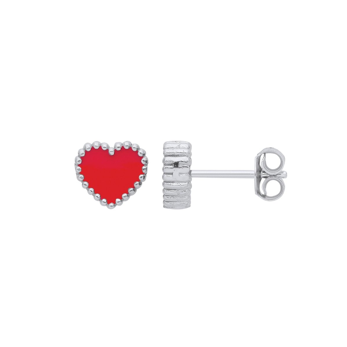 Sterling Silver Red Enamel Heart Studs - Samuel Perry