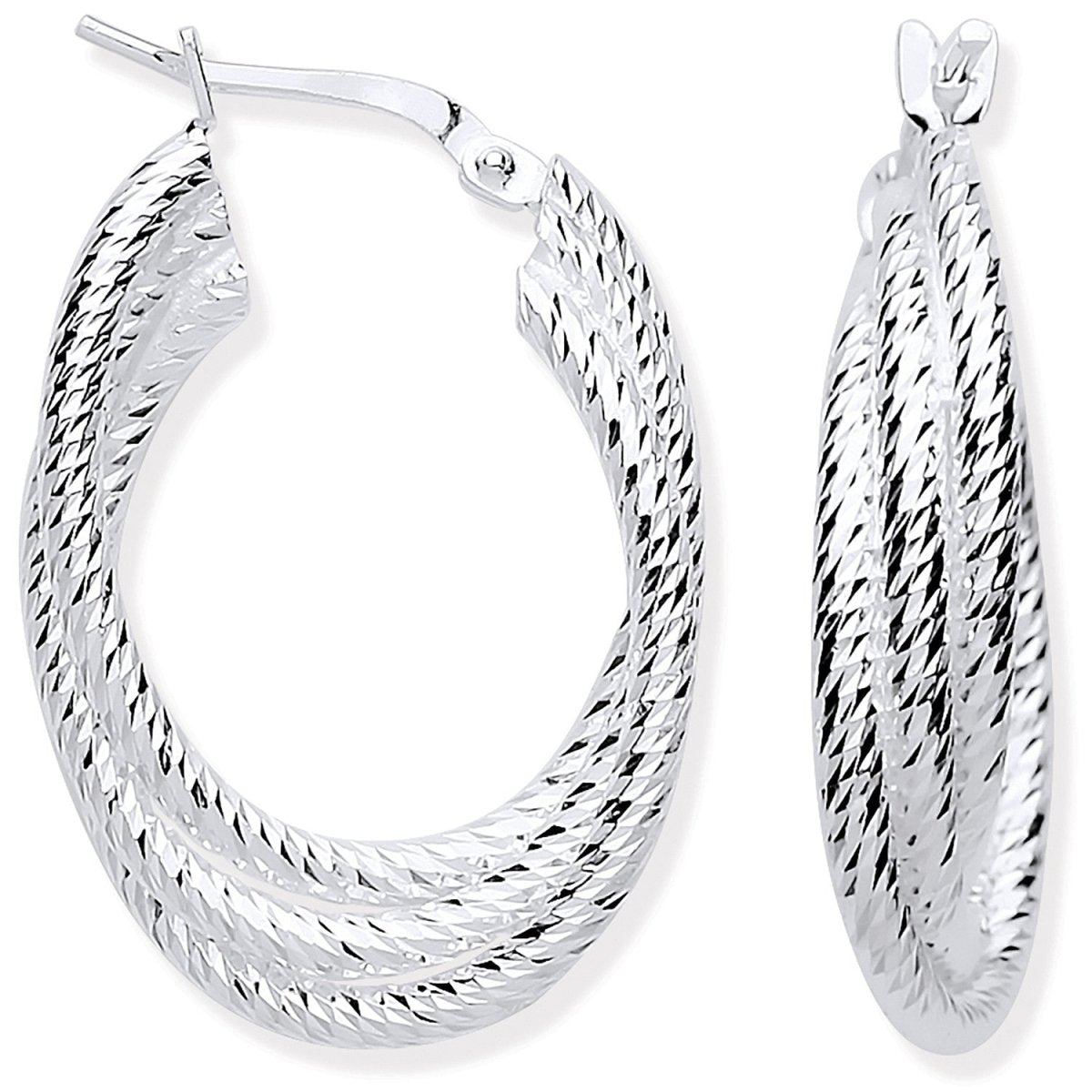 Sterling Silver Ribbed Oval 3 Row Hoop Earrings - Samuel Perry