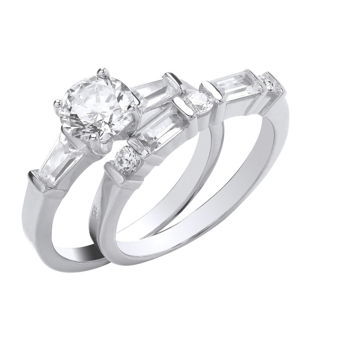 Sterling Silver Round and Baguette CZ Bridal Set Rings - Samuel Perry