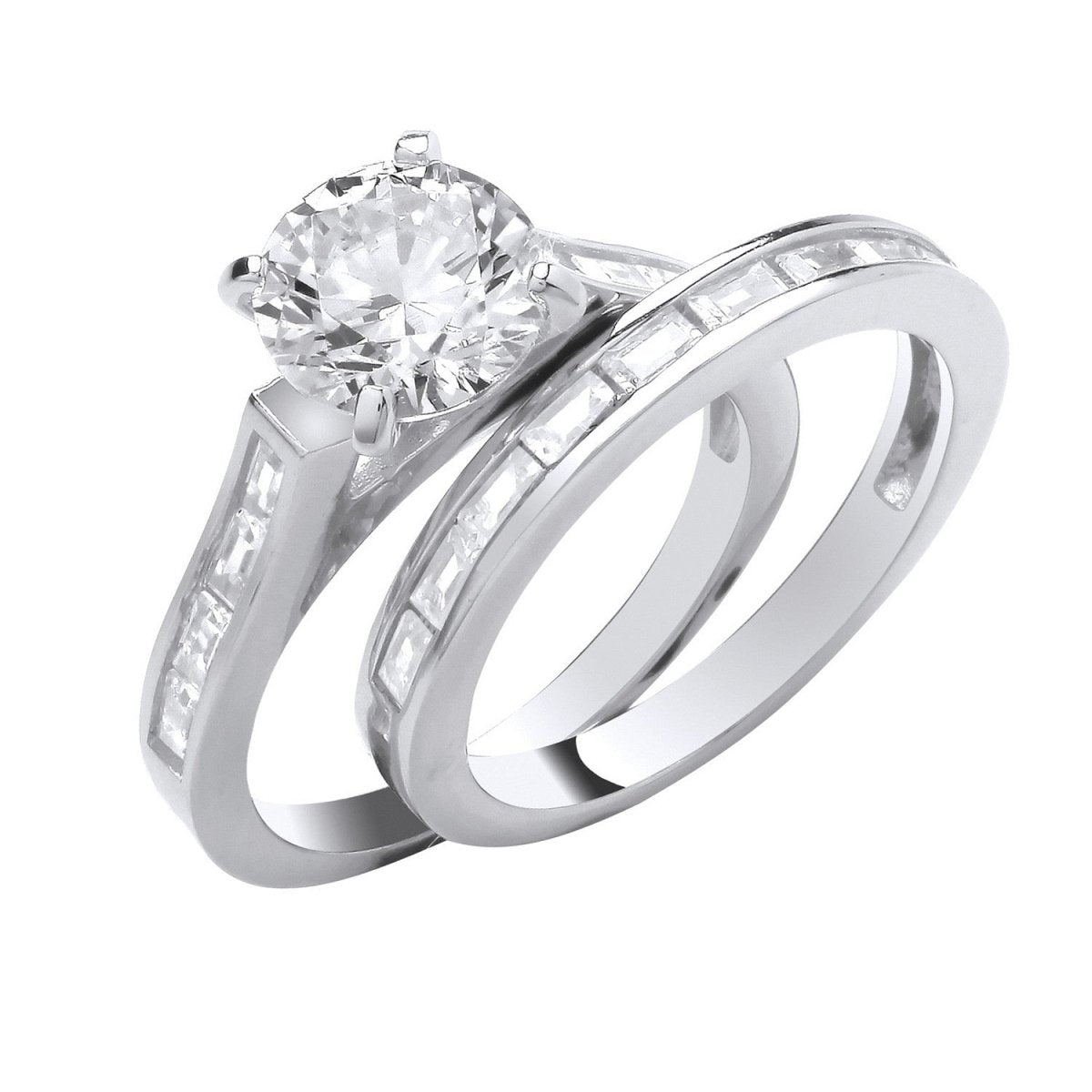 Sterling Silver Round & Baguette 8mm Centre CZ Bridal Set Rings - Samuel Perry