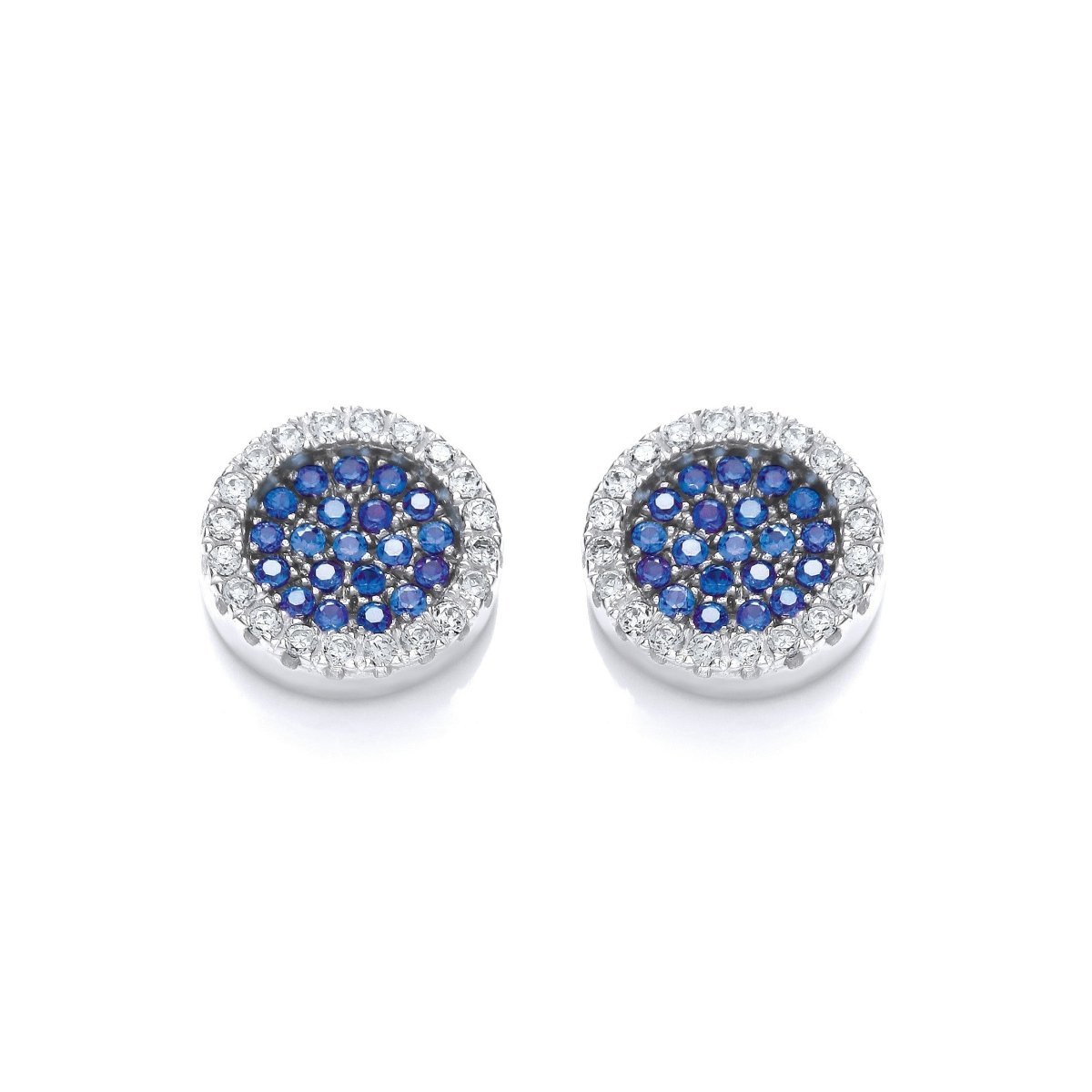 Sterling Silver Round Blue Sapphire CZ Pave Stud Earrings - Samuel Perry