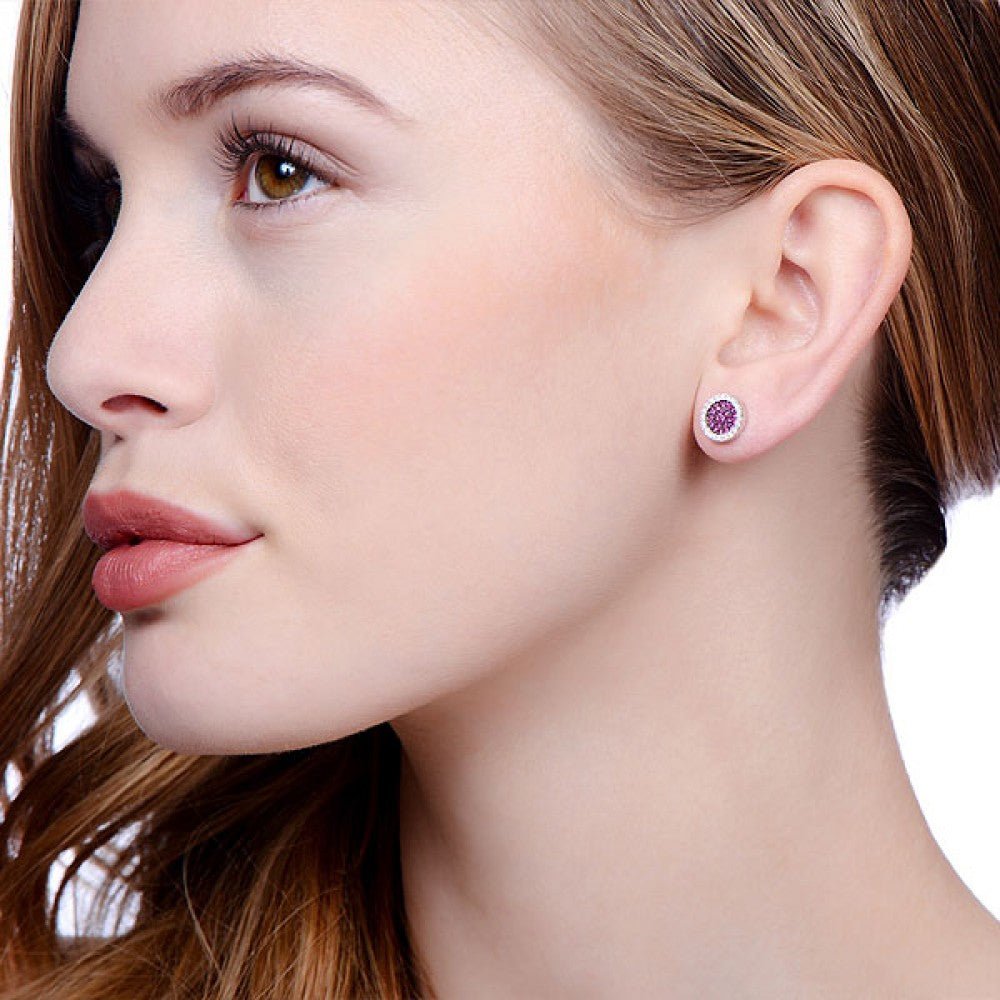 Sterling Silver Round Pink Sapphire CZ Pave Stud Earrings - Samuel Perry