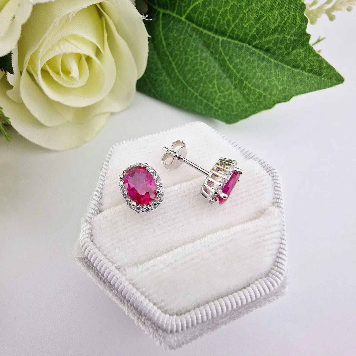 Sterling Silver Ruby Oval Cluster Stud Earrings - Samuel Perry
