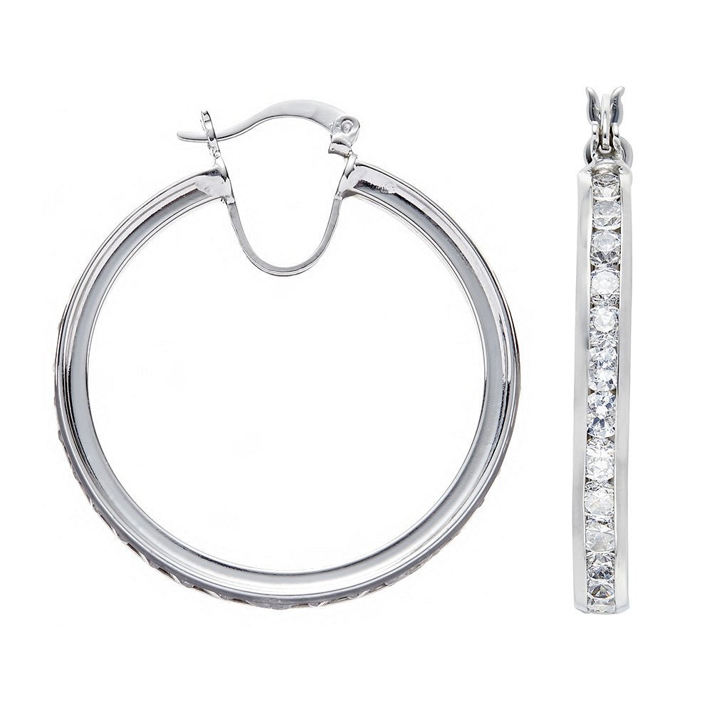 Sterling Silver Sleek Channel Set Cz Hoop Earrings - Samuel Perry
