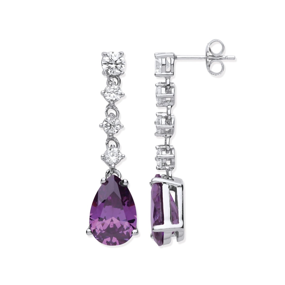 Sterling Silver Sleek Clear & Amethyst Colour CZs Long Drop Earrings - Samuel Perry