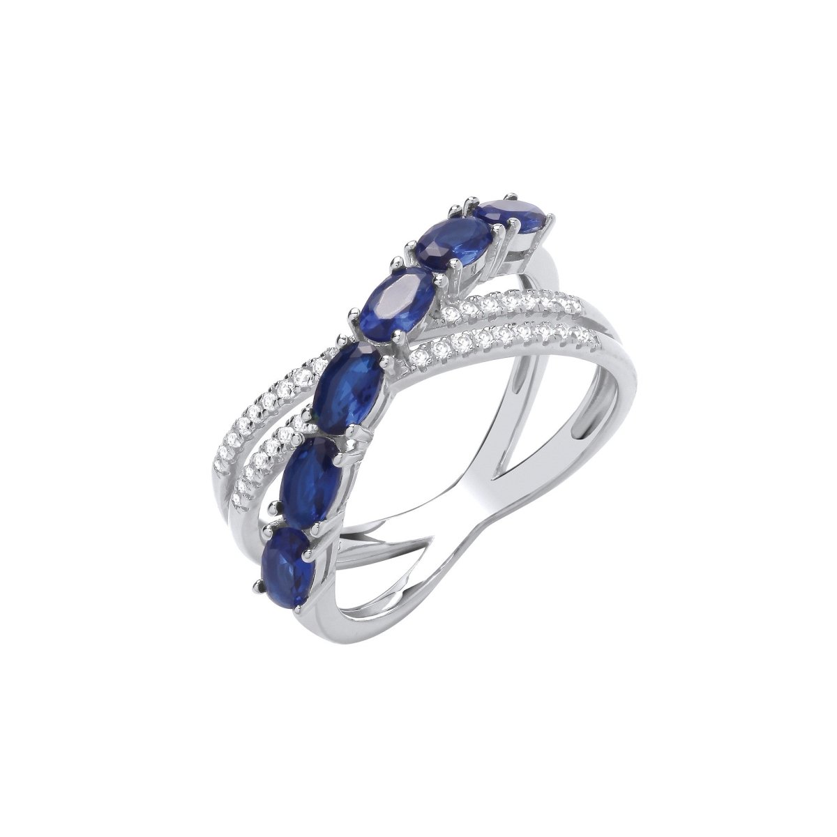 Sterling Silver Sleek Cross Over Clear & Blue CZs Ring - Samuel Perry