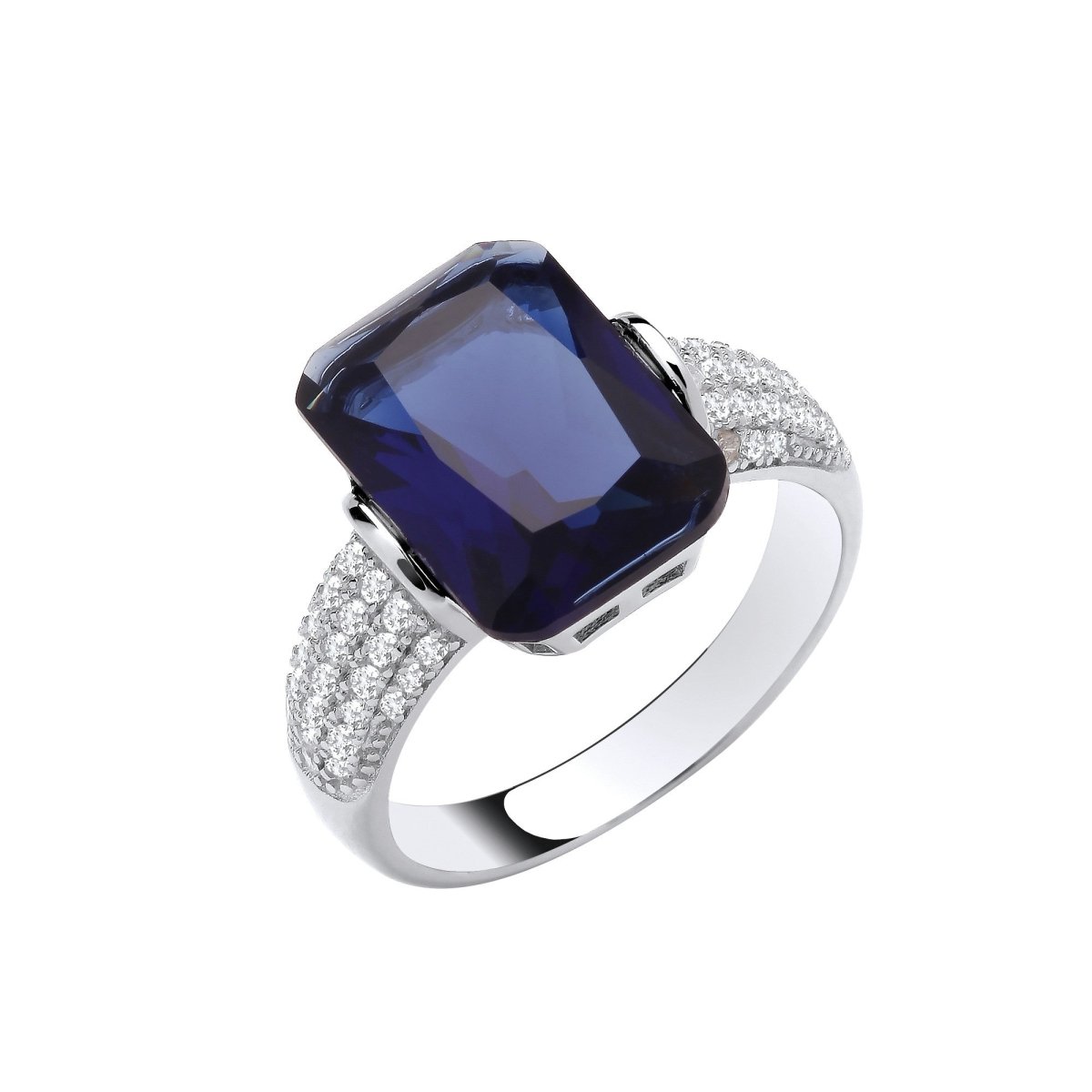 Sterling Silver Sleek Deep Blue Emerald Cut Cz Ring - Samuel Perry