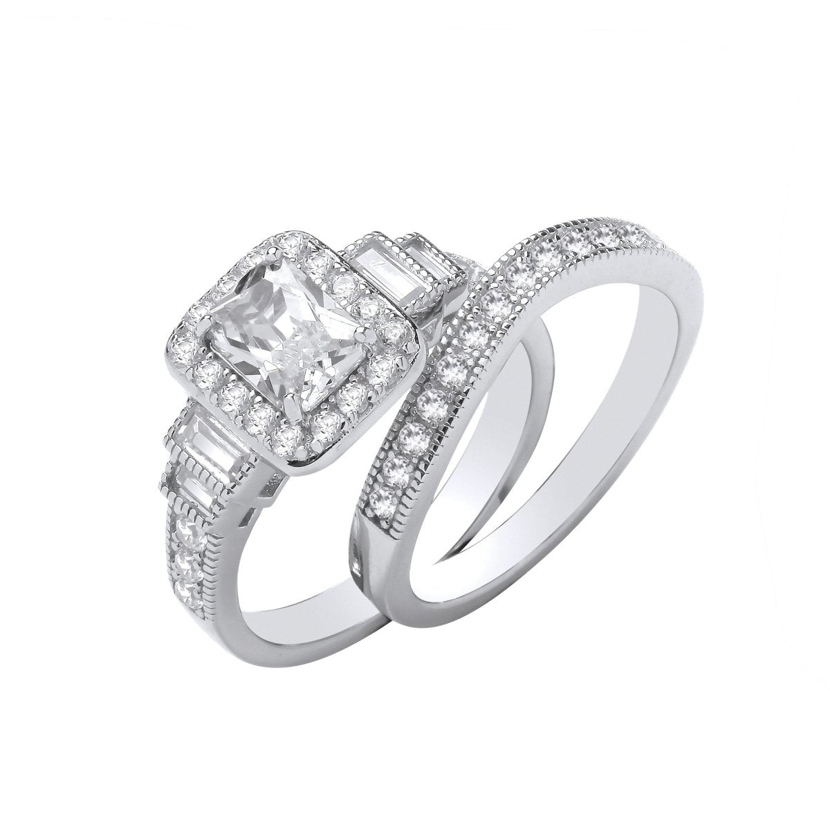 Sterling Silver Sleek Emerald Centre CZ Fancy Bridal Set Rings - Samuel Perry