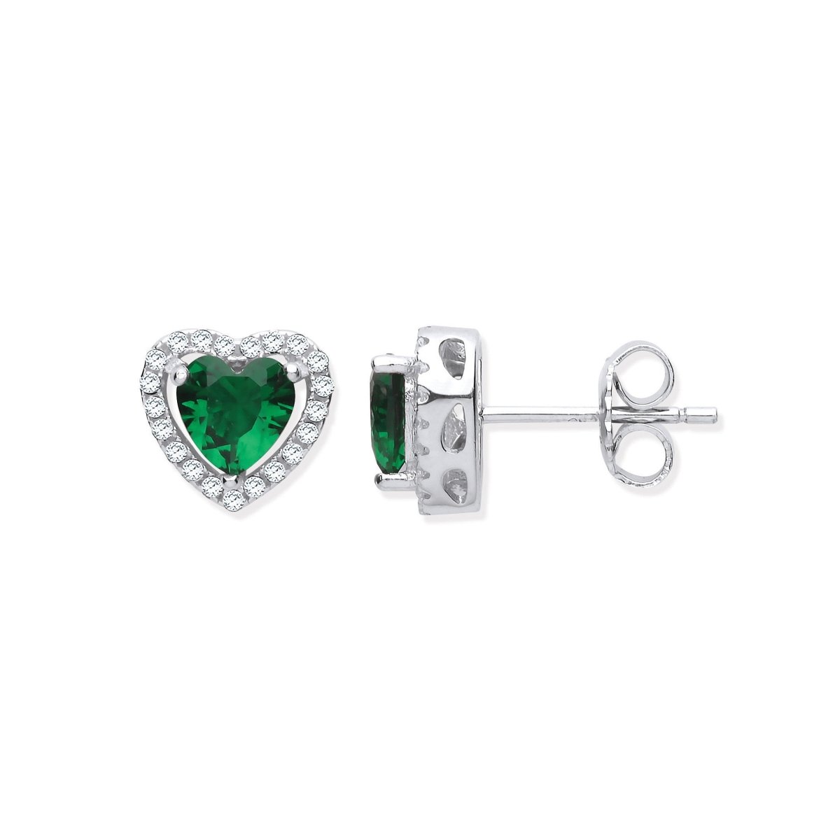 Sterling Silver Sleek Green Cz Halo Heart Stud Earrings - Samuel Perry