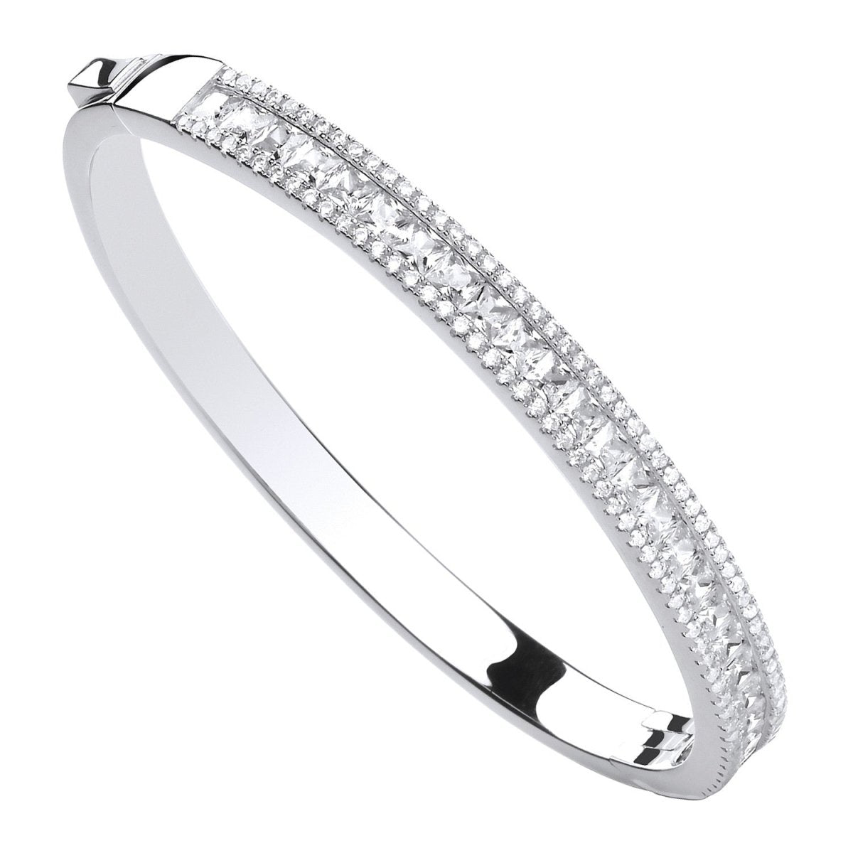 Sterling Silver Sleek Hinged Princess Cut & Round CZs Bangle - Samuel Perry