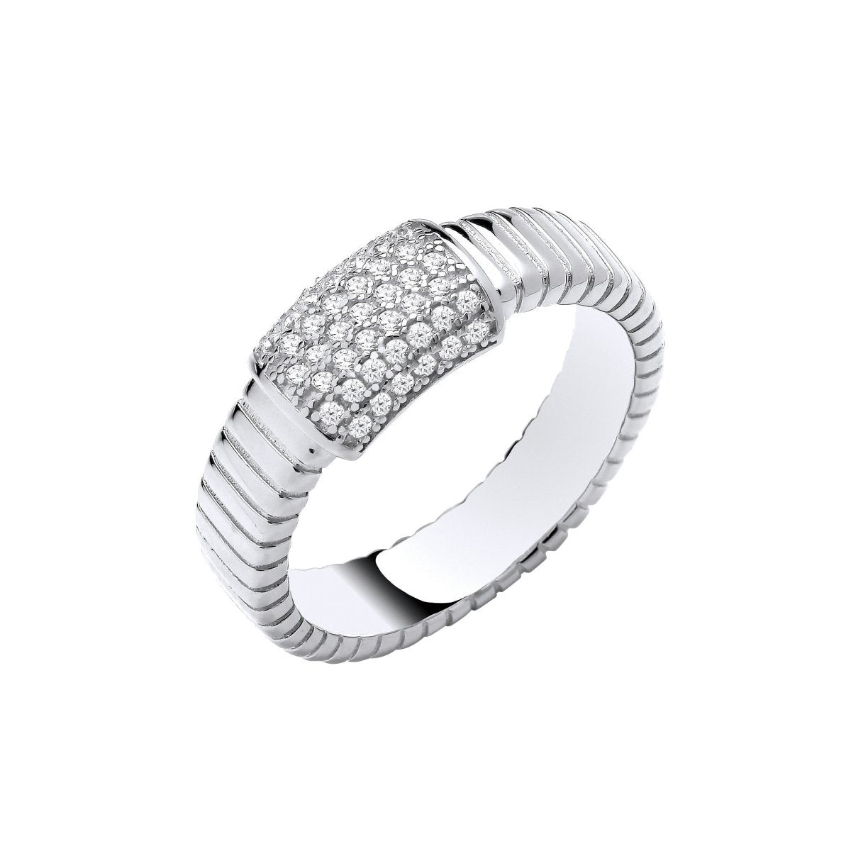 Sterling Silver Sleek Ribbed Link with CZ ID Plate Ring - Samuel Perry