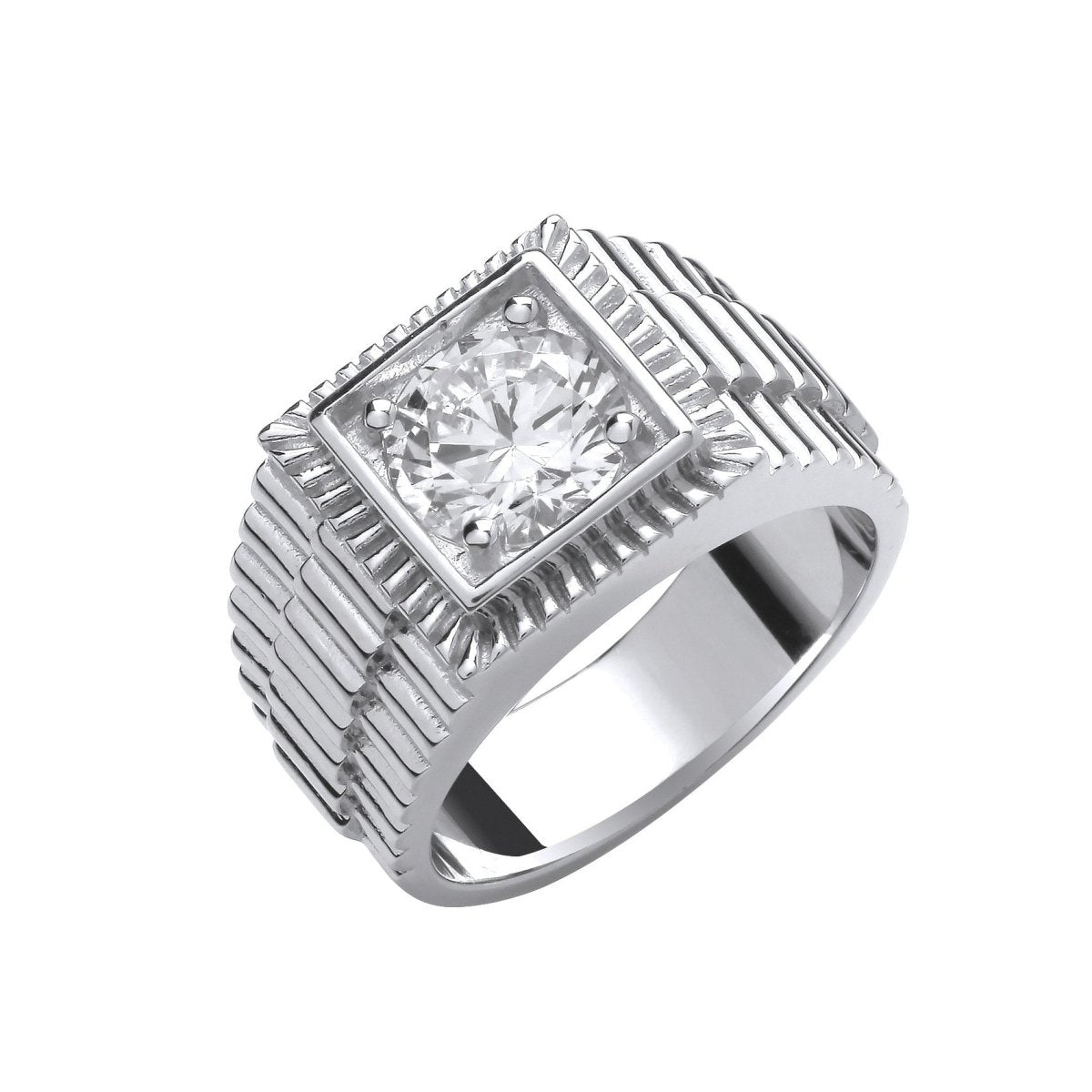 Sterling Silver Square Top with Round CZ Gents Ring - Samuel Perry
