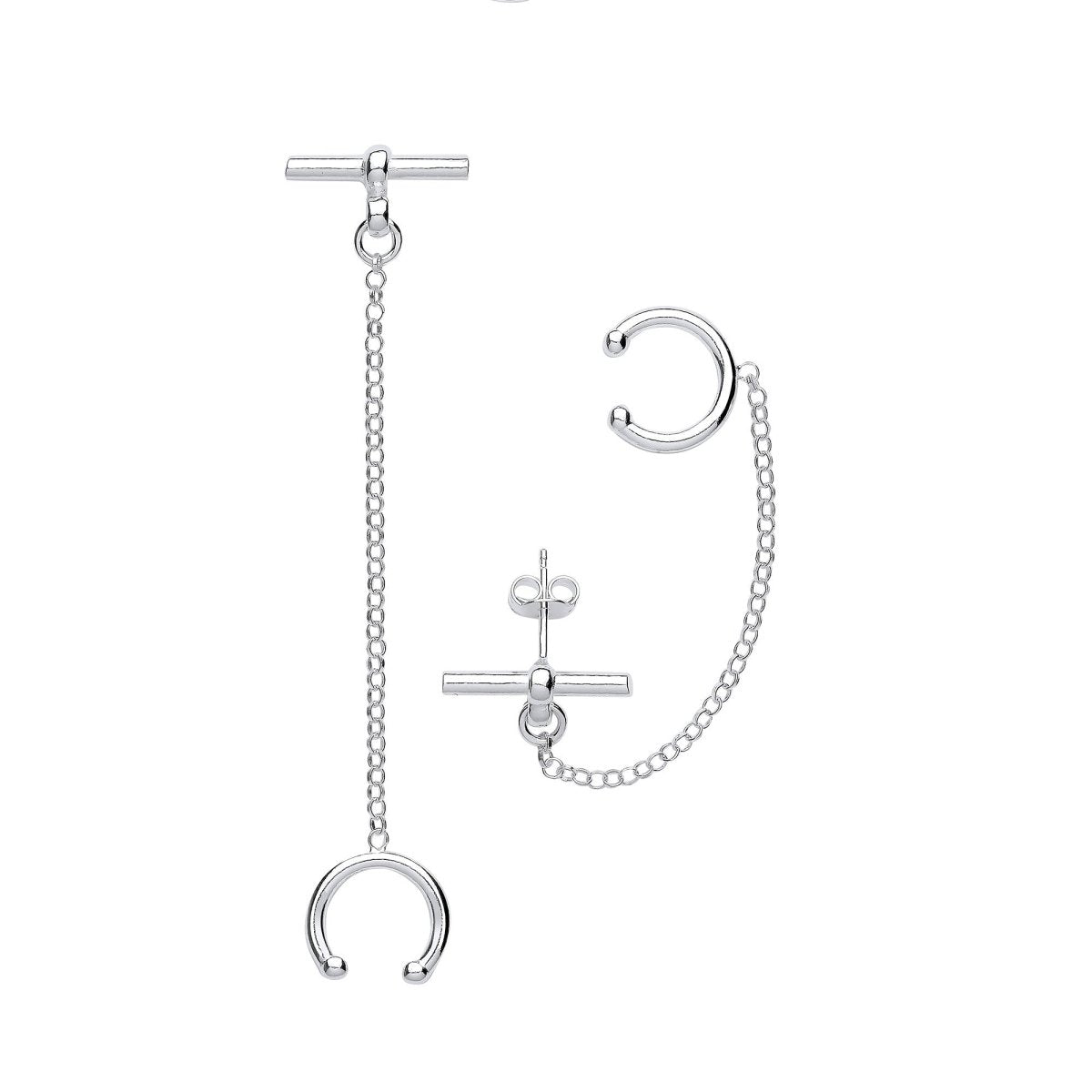 Sterling Silver T - Bar with chain Ear Cuff Earrings - Samuel Perry