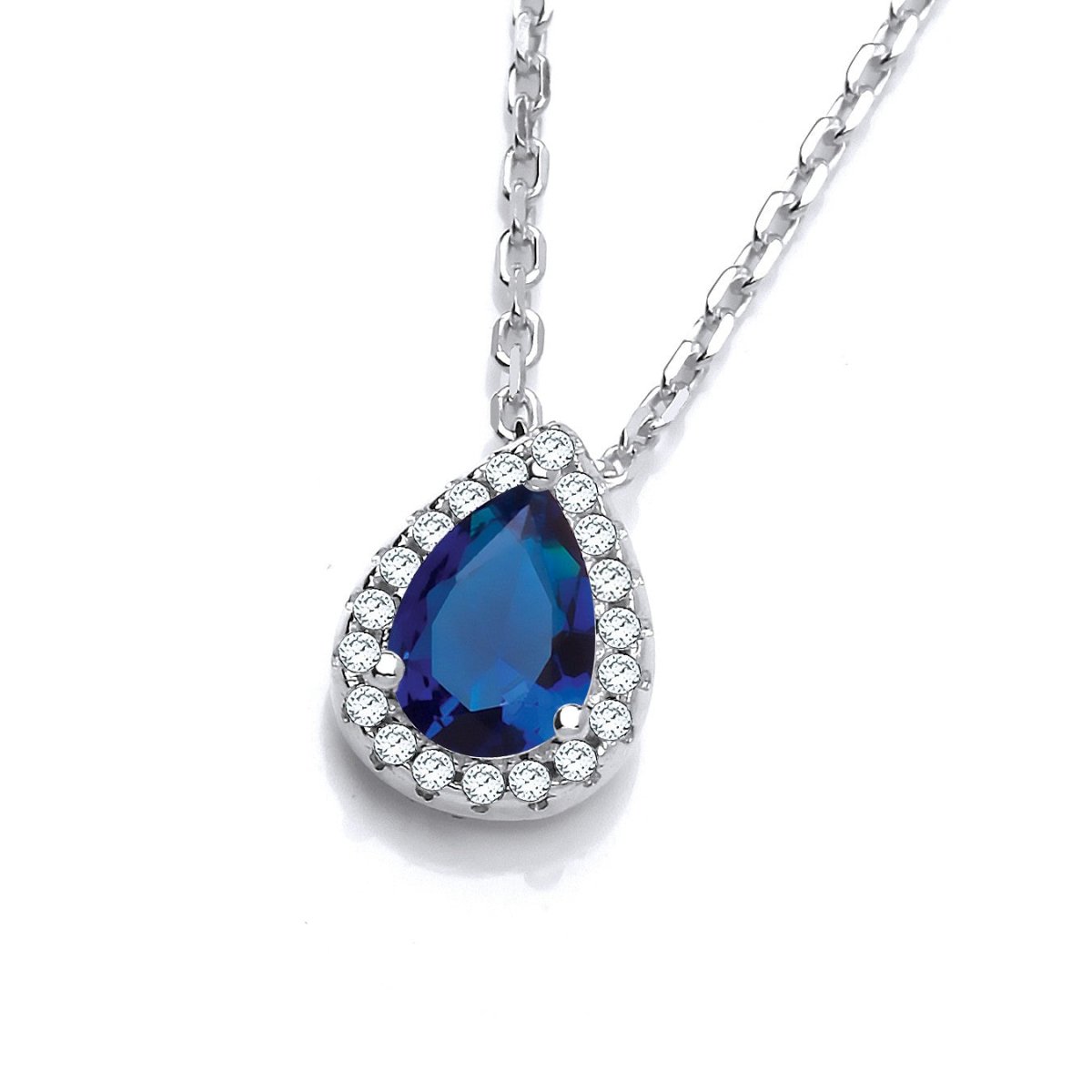 Sterling Silver Teardrop Halo Blue Sapphire CZ Necklace - Samuel Perry