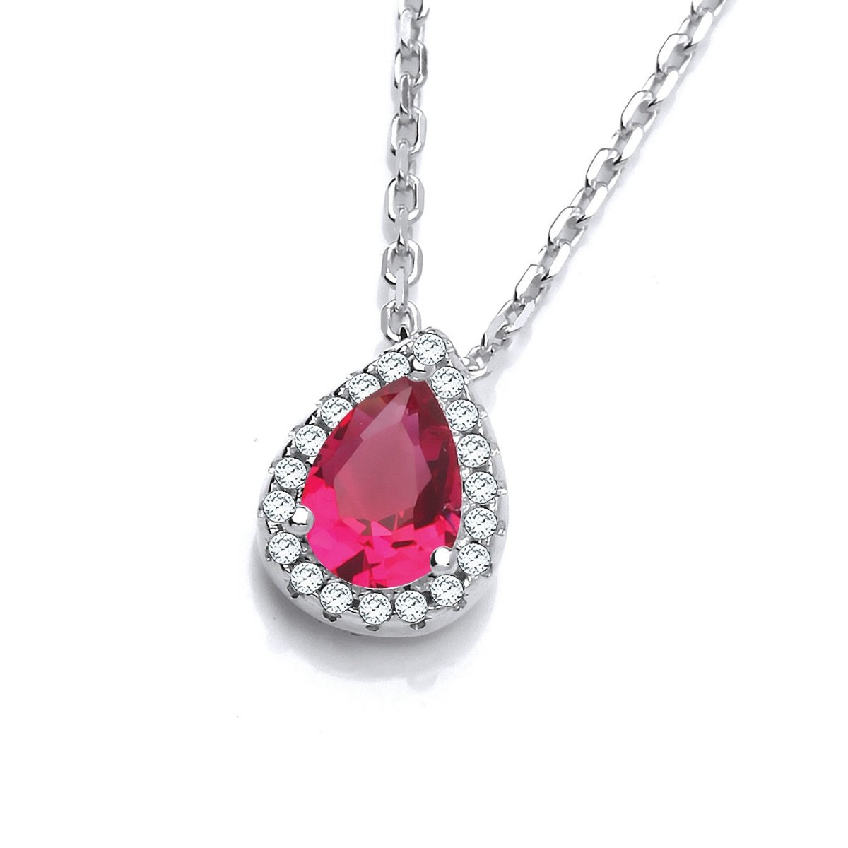 Sterling Silver Teardrop Halo Ruby CZ Necklace - Samuel Perry