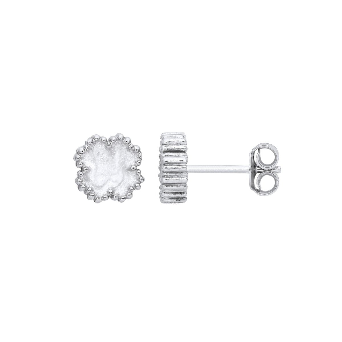 Sterling Silver White Enamel Four Leaf Clover Studs - Samuel Perry
