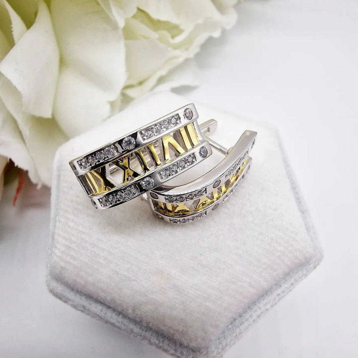 Sterling Silver with Yellow Gold Plated Roman Numeral Hoop CZ Earrings - Samuel Perry
