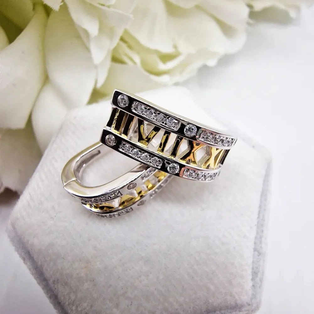Sterling Silver with Yellow Gold Plated Roman Numeral Hoop CZ Earrings - Samuel Perry