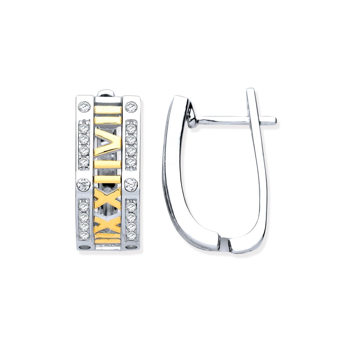 Sterling Silver with Yellow Gold Plated Roman Numeral Hoop CZ Earrings - Samuel Perry