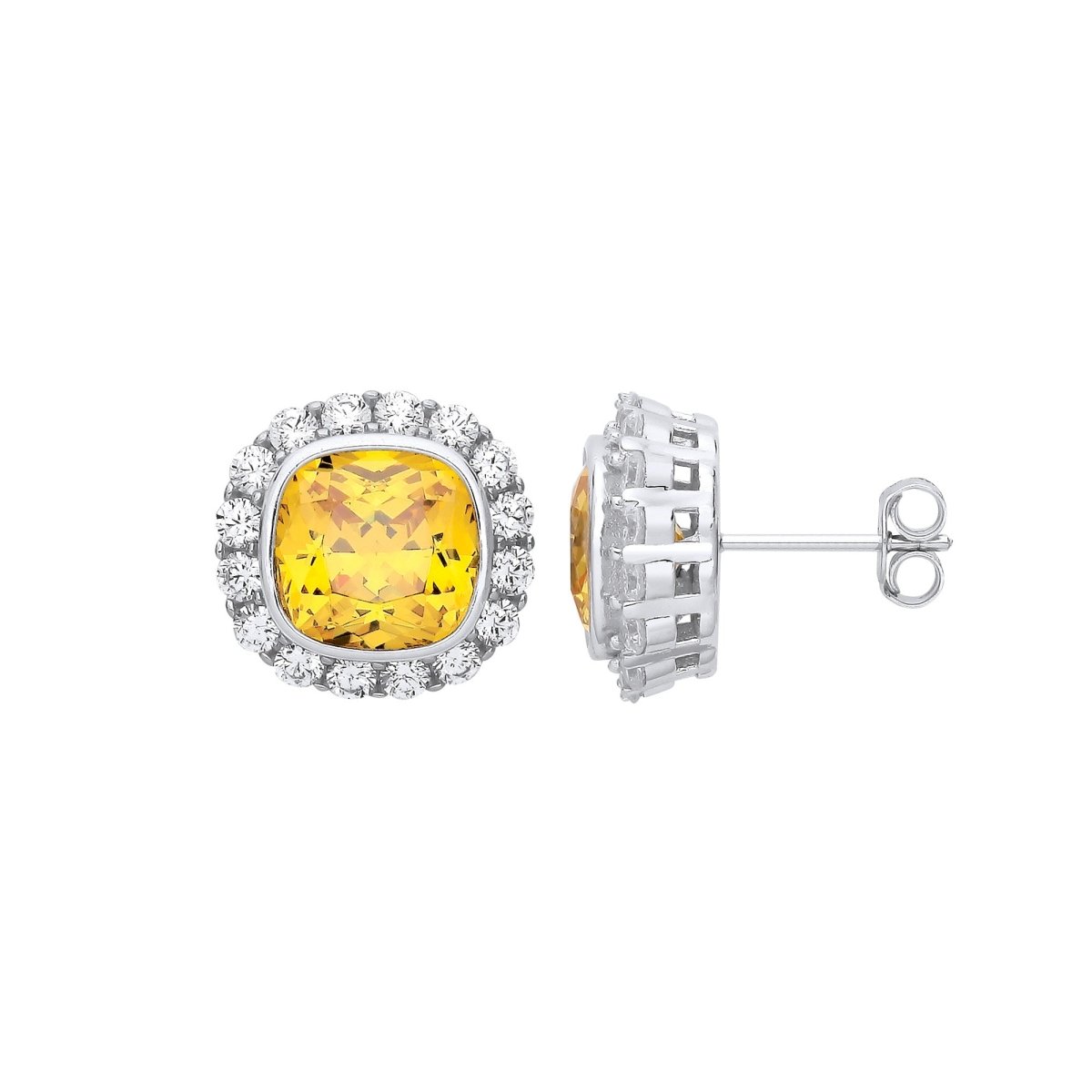 Sterling Silver Yellow CZ Halo Stud Earrings - Samuel Perry