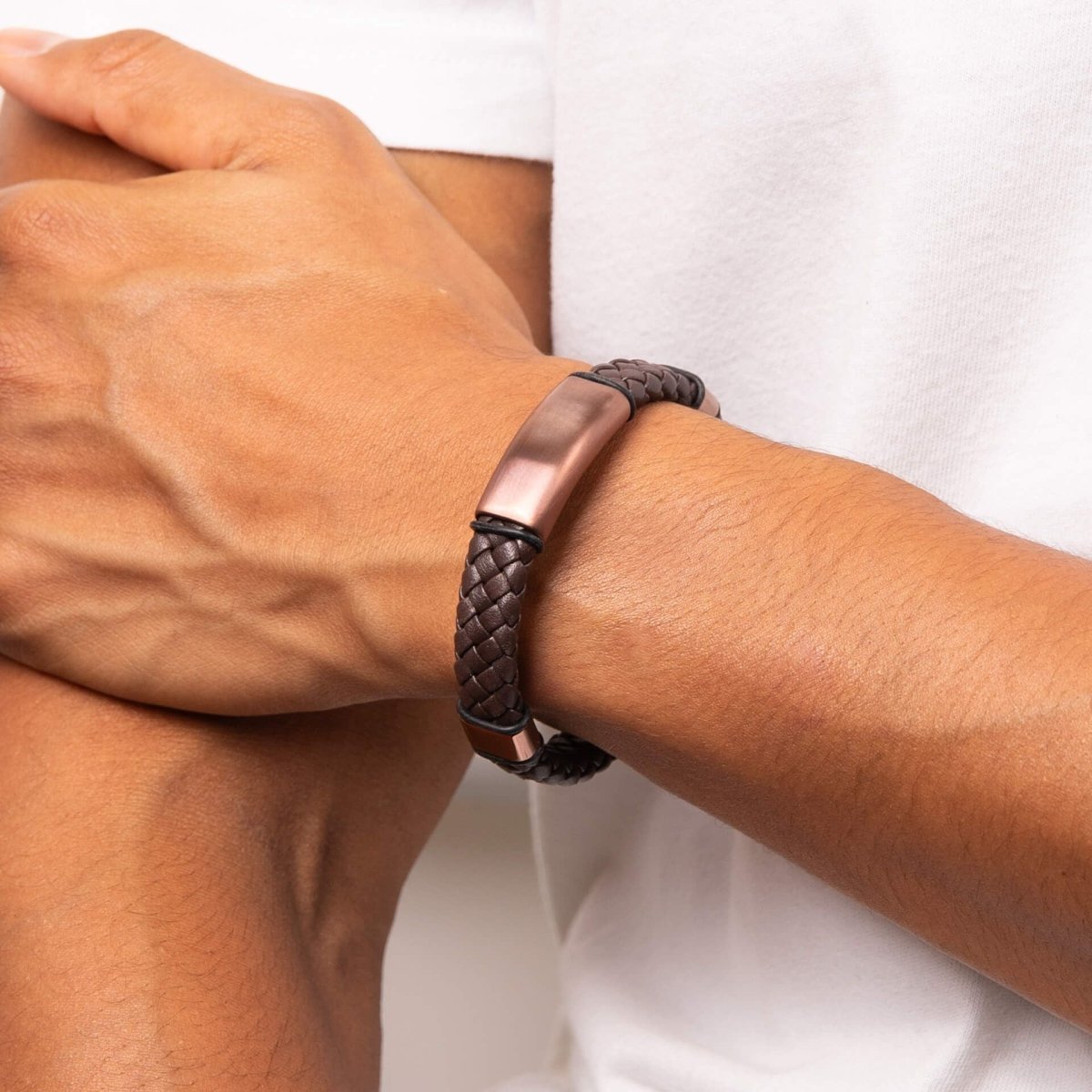 Woven Brown Leather Bracelet with Coffee Plated Stainless Steel - Samuel Perry
