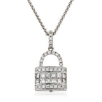 18ct White Gold, 0.60ct Diamond Lock Pendant, Round & Princess Cut, 18" Chain, Gift Box Included - Samuel Perry
