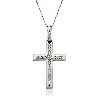 18ct White Gold, 1.00ct Channel Set Diamond Cross Pendant, 18" Chain, Gift Box Included - Samuel Perry