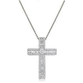 18ct White Gold, 1.10ct Baguette Cut Diamond Cross Pendant, Classic 18" Chain, Gift Box Included - Samuel Perry