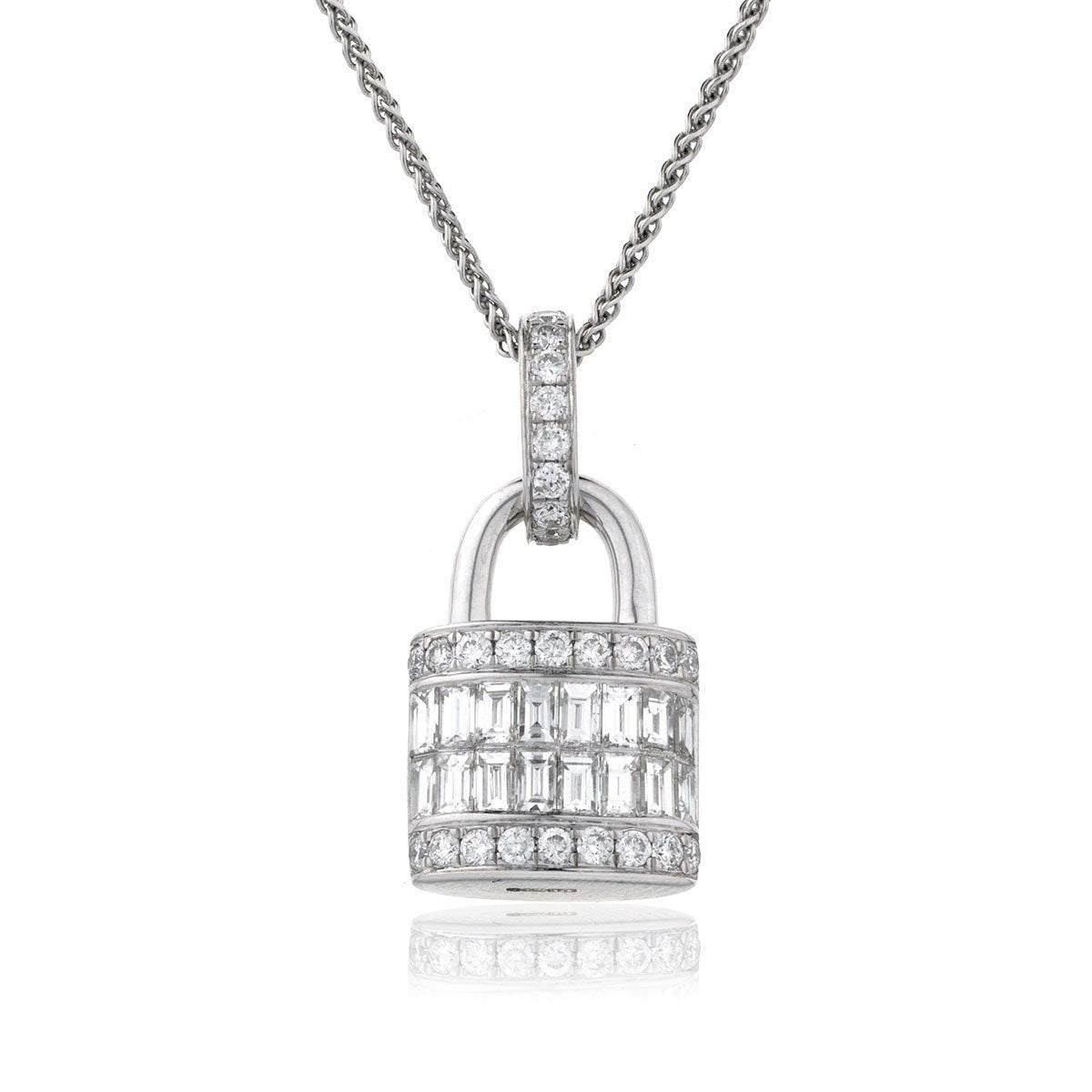 18ct White Gold, 1.10ct Lock Diamond Pendant, Round & Baguette Cut, Luxe 18" Chain, Gift Box Included - Samuel Perry