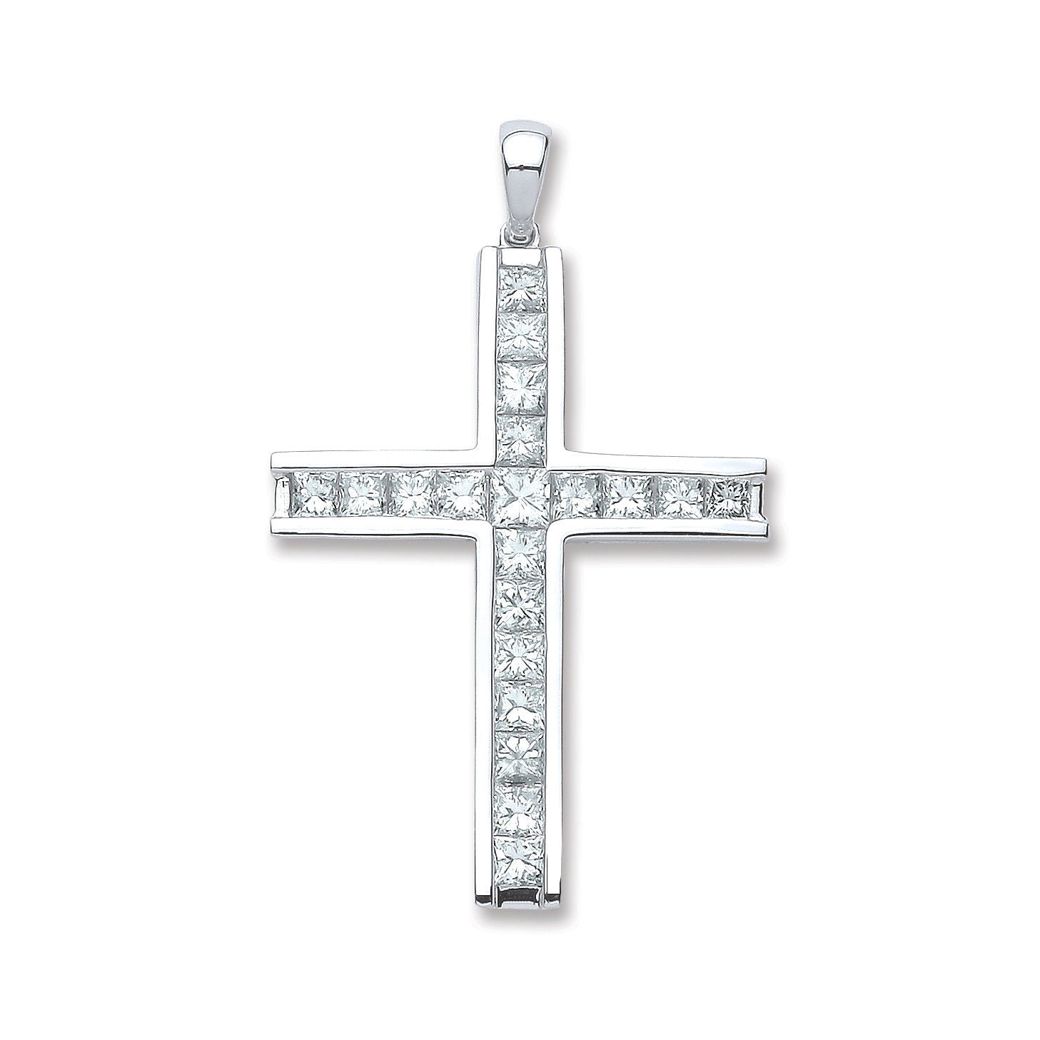 18ct White Gold, 1.17ct Princess Cut Diamond Cross Necklace, Classic Statement, 16-20" Chain Options, Gift Box Included - Samuel Perry
