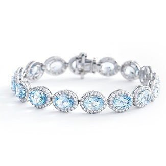 18ct White Gold Aquamarine and Diamond 21.00ct Oval Halo Bracelet Women's 9mm 7.5" GIFT Box - Samuel Perry