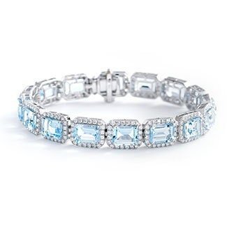 18ct White Gold Aquamarine and Diamond 26.00ct Baguette Halo Bracelet Women's 9mm 7.5" GIFT Box - Samuel Perry