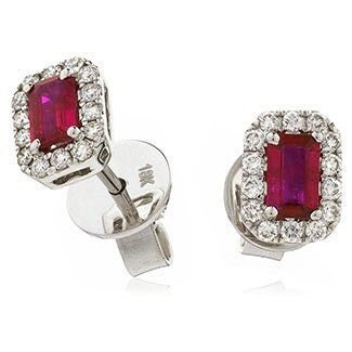 18ct WHITE GOLD Ruby and Diamond 0.90ct Emerald Cut Halo Earrings Women's 8mm GIFT Box - Samuel Perry