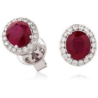 18ct WHITE GOLD Ruby and Diamond 2.50ct Oval Halo Earrings Women's 10mm GIFT Box - Samuel Perry