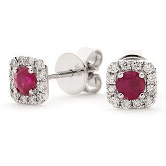 18ct White Gold Ruby & Diamond Square Halo Earrings, Fiery Elegance, 0.60ct, 6mm, Gift box included - Samuel Perry