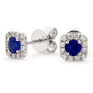 18ct WHITE GOLD Sapphire and Diamond 0.60ct Square Halo Earrings Women's 6mm GIFT Box - Samuel Perry
