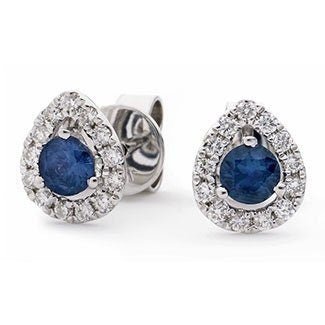 18ct WHITE GOLD Sapphire and Diamond 0.65ct Pear Halo Earrings Women's 8mm GIFT Box - Samuel Perry