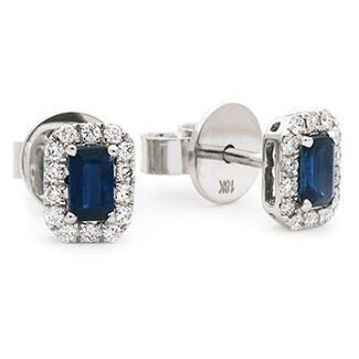 18ct WHITE GOLD Sapphire and Diamond 0.90ct Emerald Cut Halo Earrings Women's 8mm GIFT Box - Samuel Perry