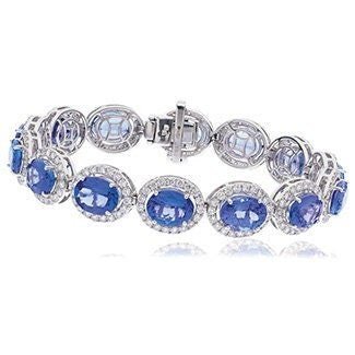 18ct White Gold Tanzanite and Diamond 22.70ct Oval Halo Bracelet Women's 9mm 7.5" GIFT Box - Samuel Perry