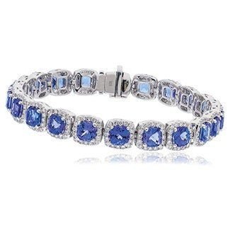 18ct White Gold Tanzanite and Diamond 23.20ct Cushion Halo Bracelet Women's 17mm 7.5" GIFT Box - Samuel Perry